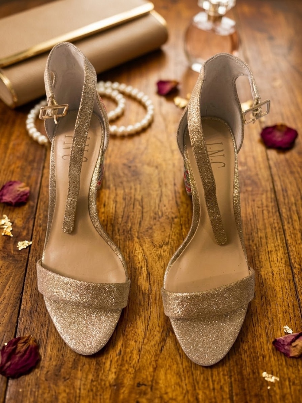 INC International Concepts Glitter Gold T-Strap Heeled Sandals